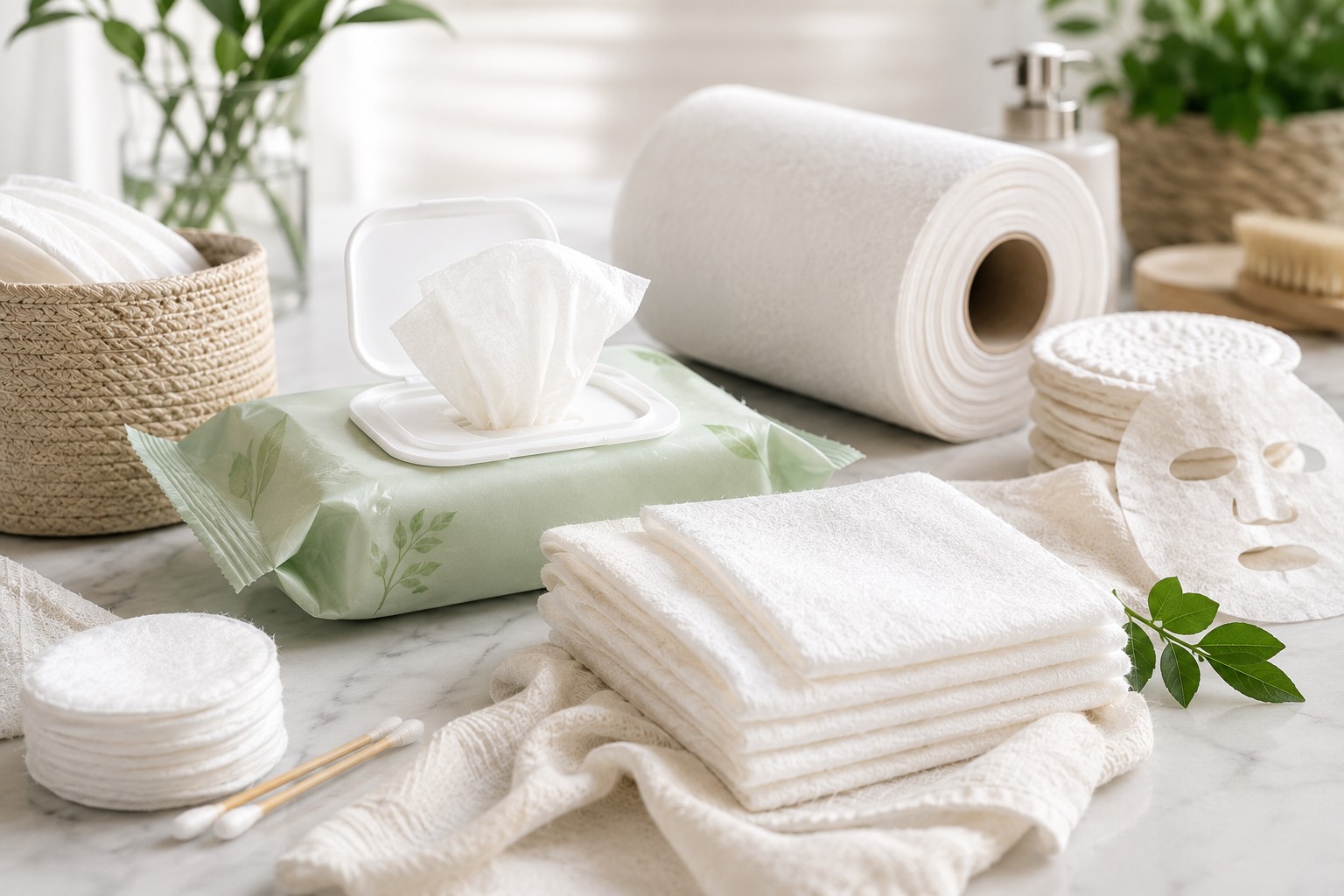 EcoSpun+™ spunlace biodegradable nonwoven fabric removes the trade-off between natural composition and functional reliability. It gives personal care brands a substrate that is clean, soft, and production-ready.